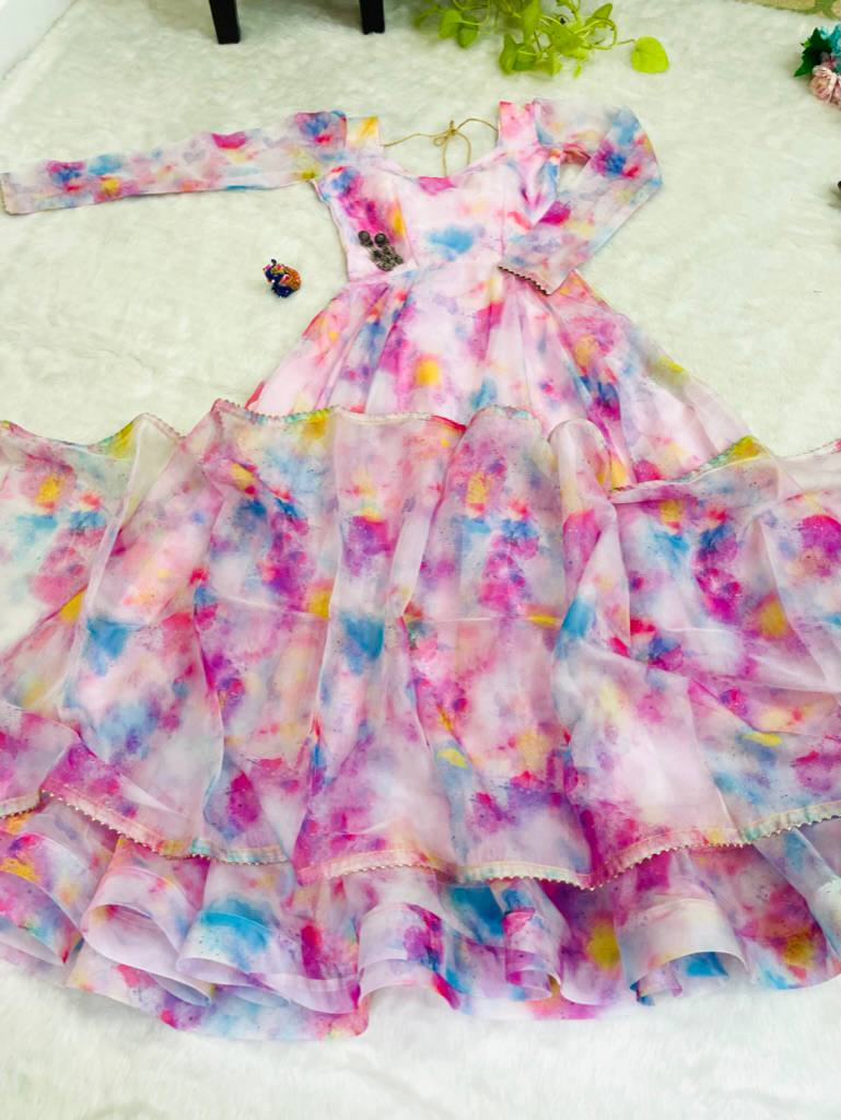 Baby Pink Color Organza Taby Silk Heavy Quality Fabric With Digital Print Gown