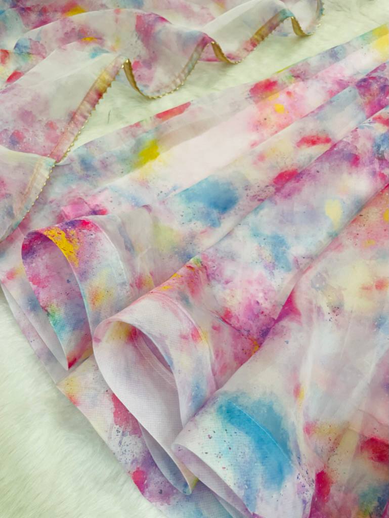 Baby Pink Color Organza Taby Silk Heavy Quality Fabric With Digital Print Gown