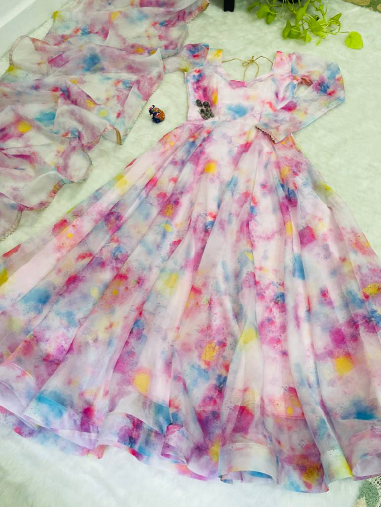 Baby Pink Color Organza Taby Silk Heavy Quality Fabric With Digital Print Gown
