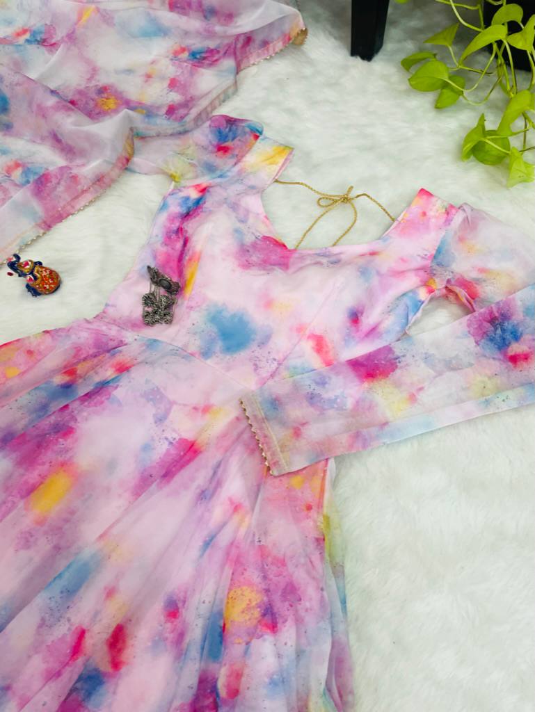 Baby Pink Color Organza Taby Silk Heavy Quality Fabric With Digital Print Gown