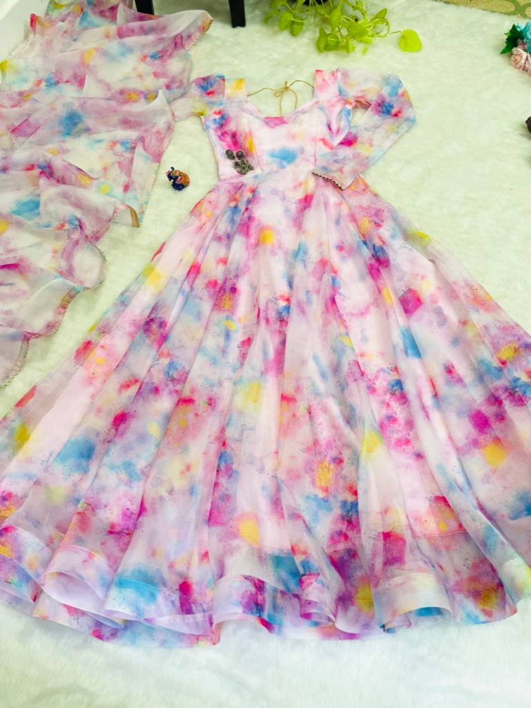 Baby Pink Color Organza Taby Silk Heavy Quality Fabric With Digital Print Gown
