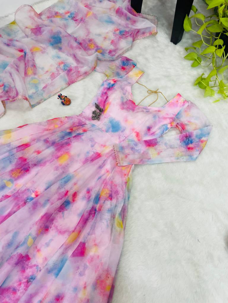 Baby Pink Color Organza Taby Silk Heavy Quality Fabric With Digital Print Gown