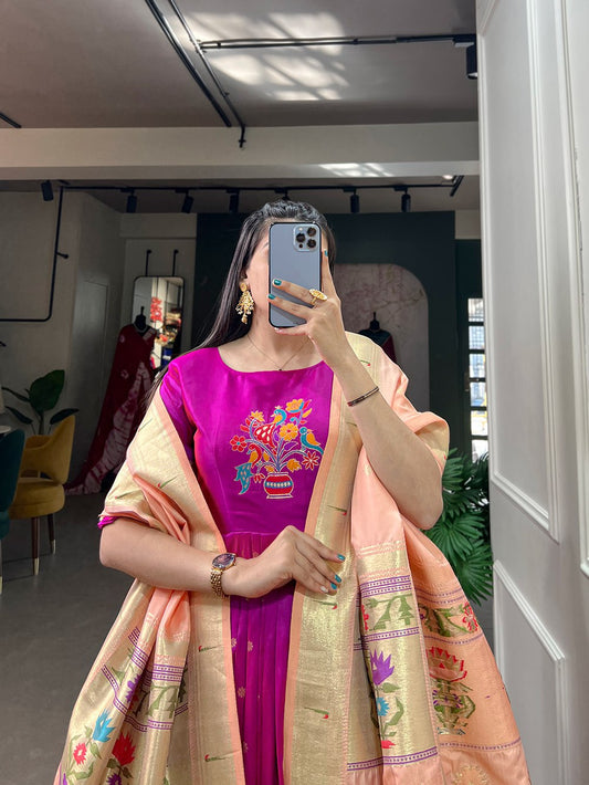 Purple Color Zari Weaving Work Jacquard Silk Dress