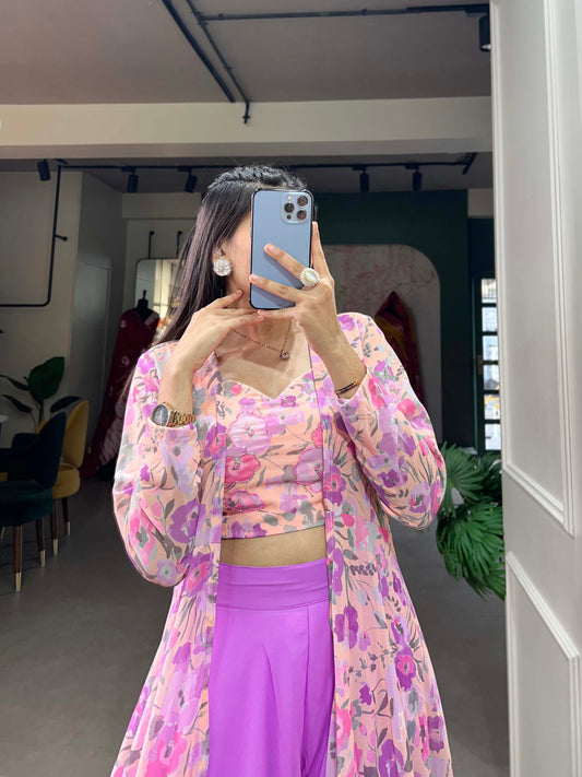 Lavender Color Printed With Hand Work Georgette Plazo With Shrug