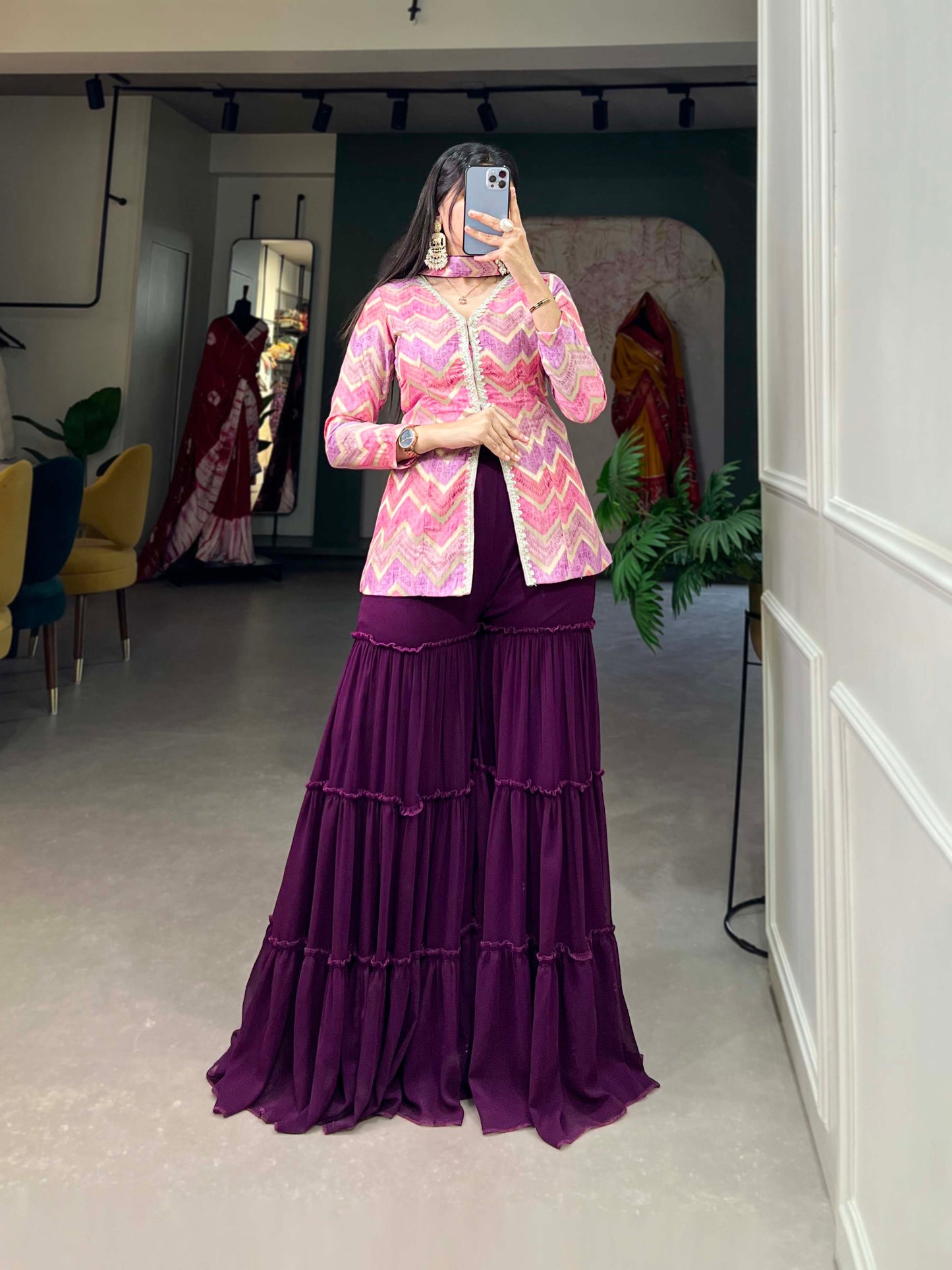 Purple Color Pure Viscose Jacquard Silk Weaving Work Palazzo Kurti Set