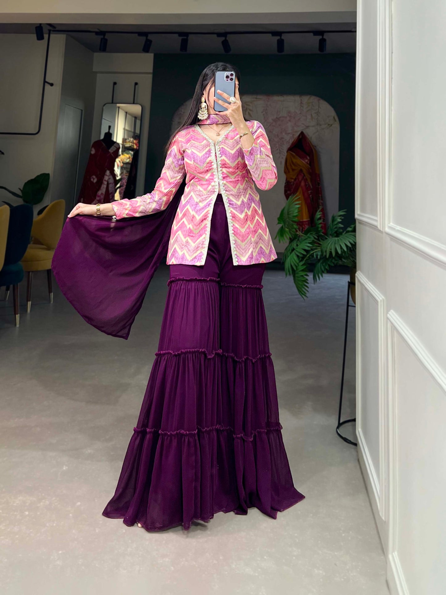 Purple Color Pure Viscose Jacquard Silk Weaving Work Palazzo Kurti Set