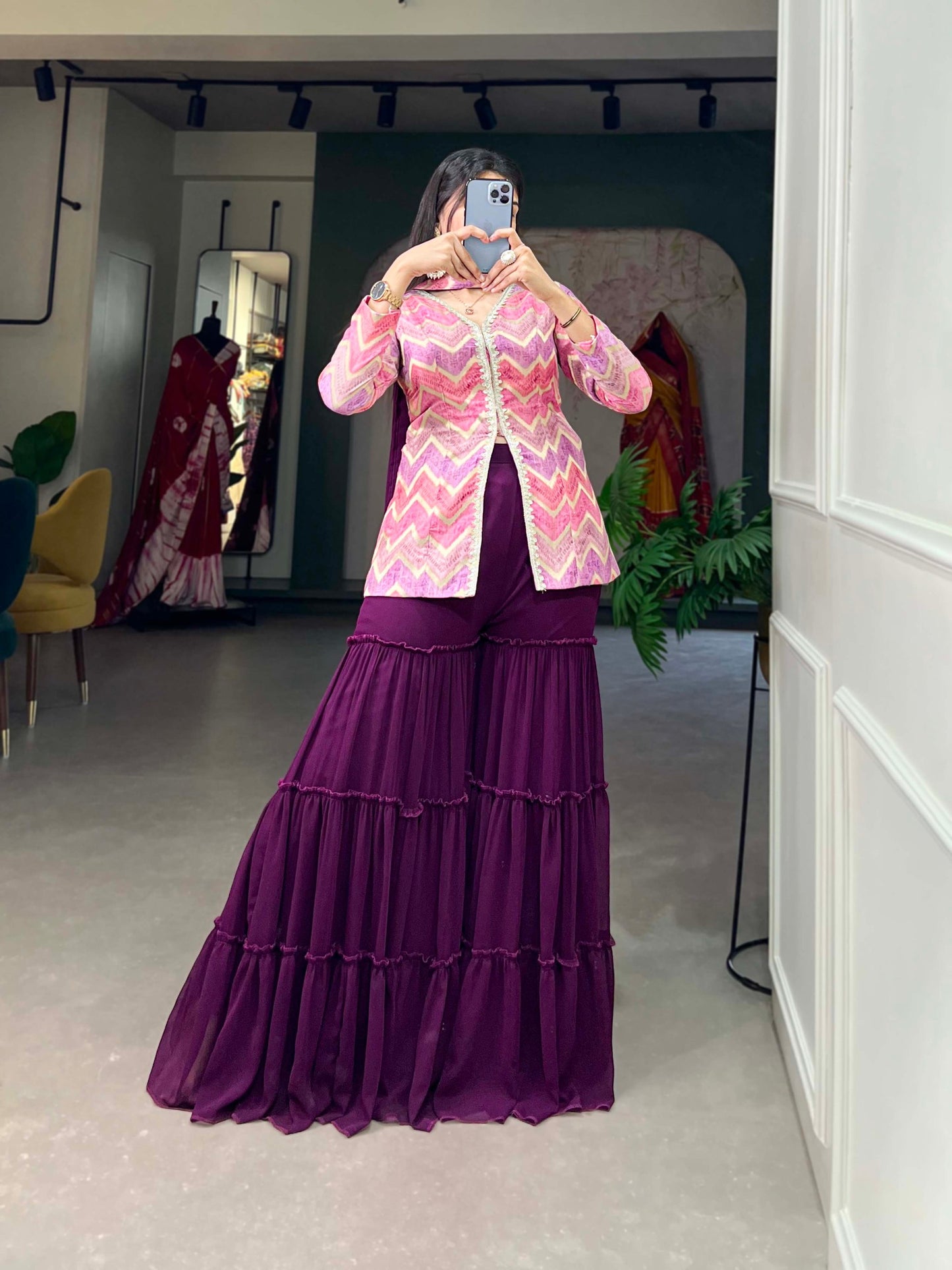 Purple Color Pure Viscose Jacquard Silk Weaving Work Palazzo Kurti Set