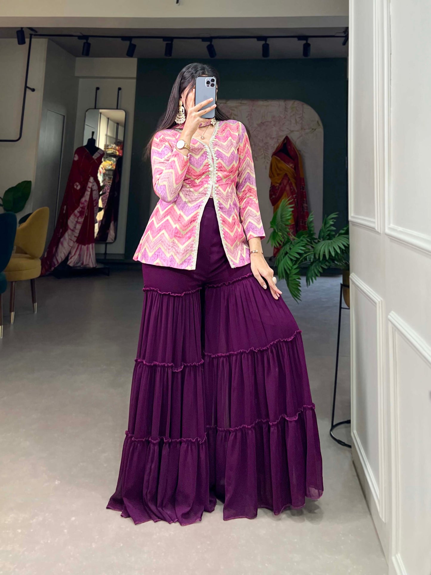 Purple Color Pure Viscose Jacquard Silk Weaving Work Palazzo Kurti Set