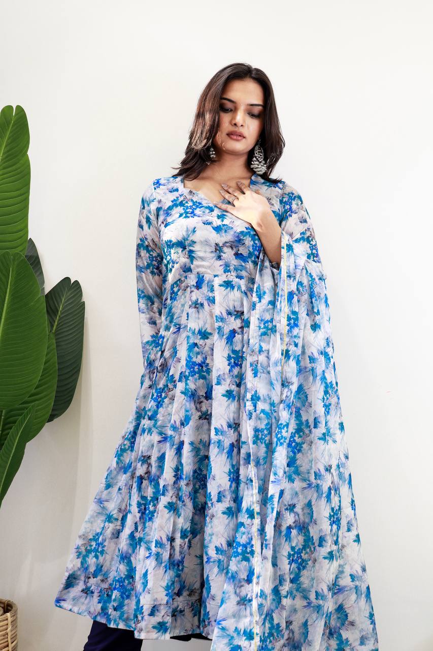 Blue Color Organza Taby Silk With Digital Print Gown With Dupatta