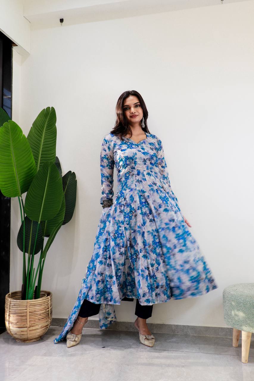 Blue Color Organza Taby Silk With Digital Print Gown With Dupatta