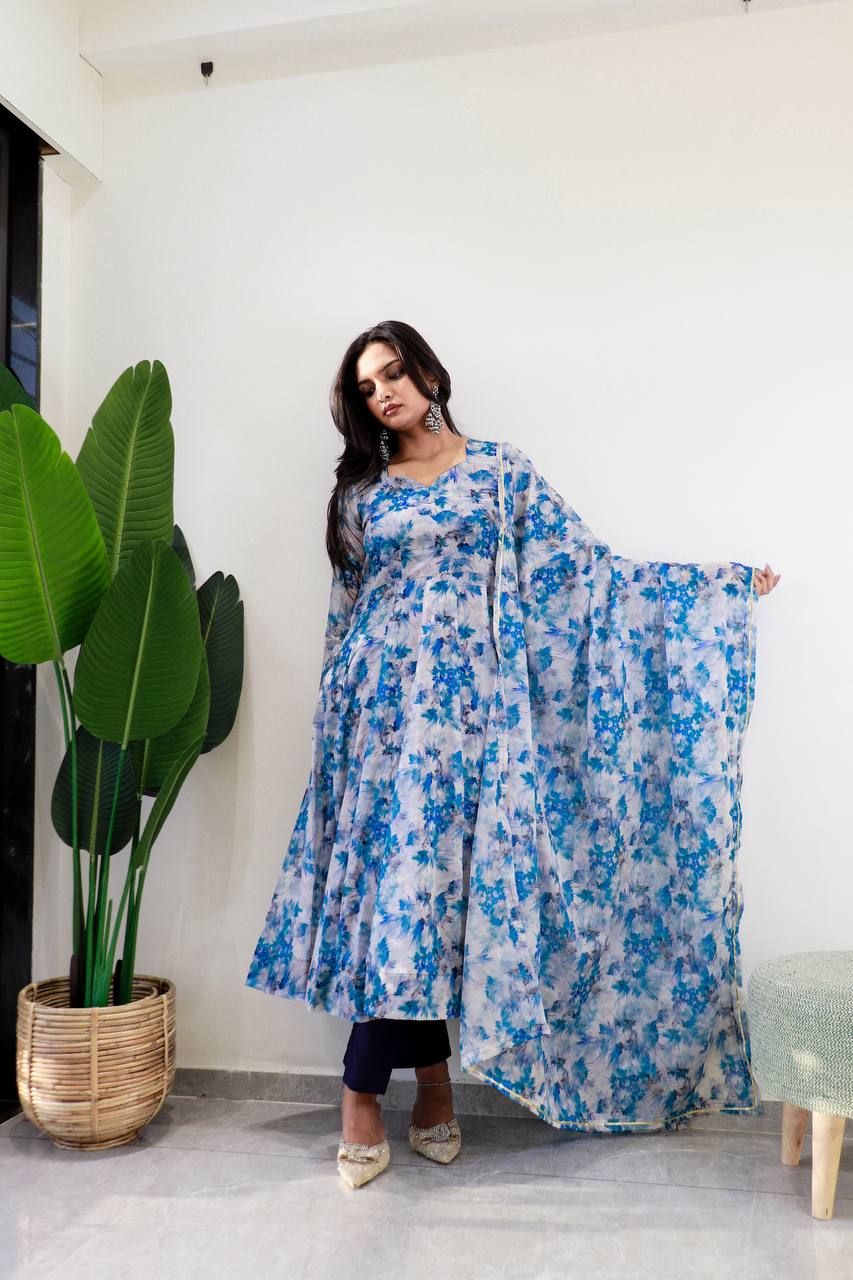 Blue Color Organza Taby Silk With Digital Print Gown With Dupatta