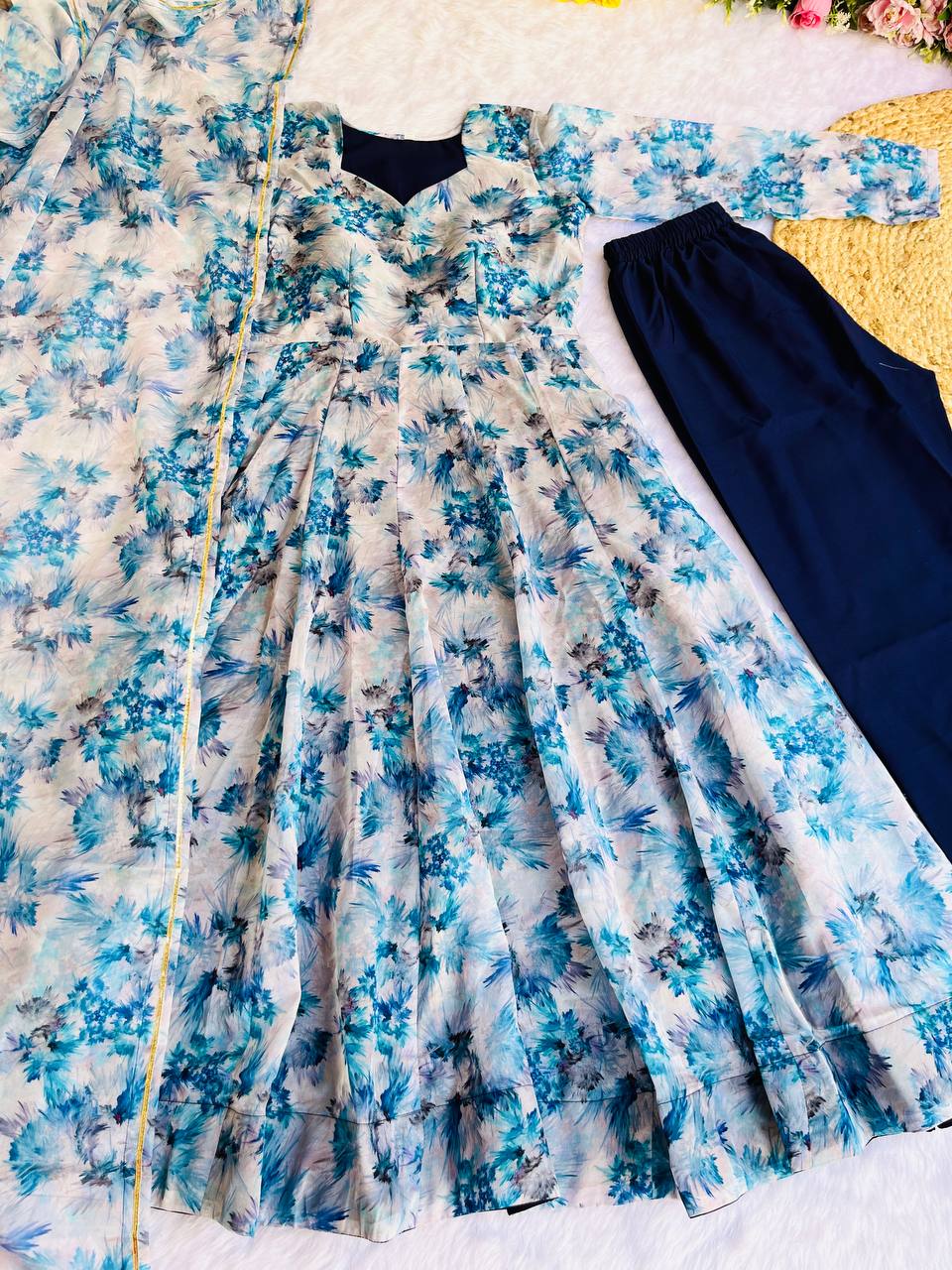 Blue Color Organza Taby Silk With Digital Print Gown With Dupatta