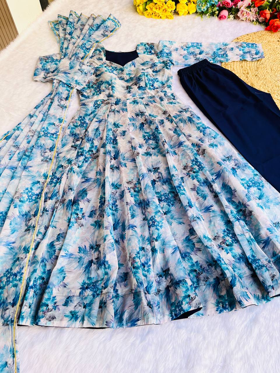 Blue Color Organza Taby Silk With Digital Print Gown With Dupatta