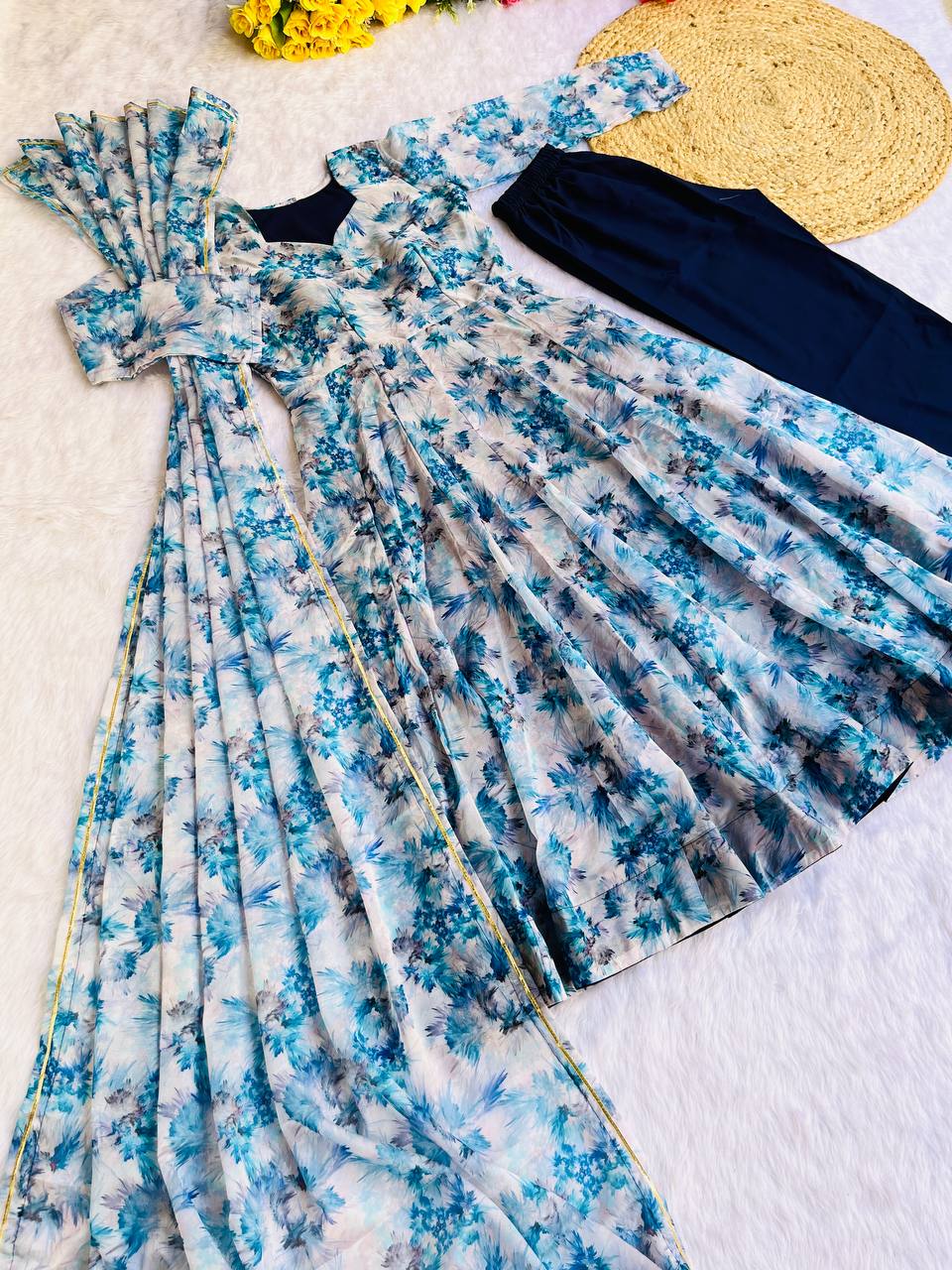 Blue Color Organza Taby Silk With Digital Print Gown With Dupatta