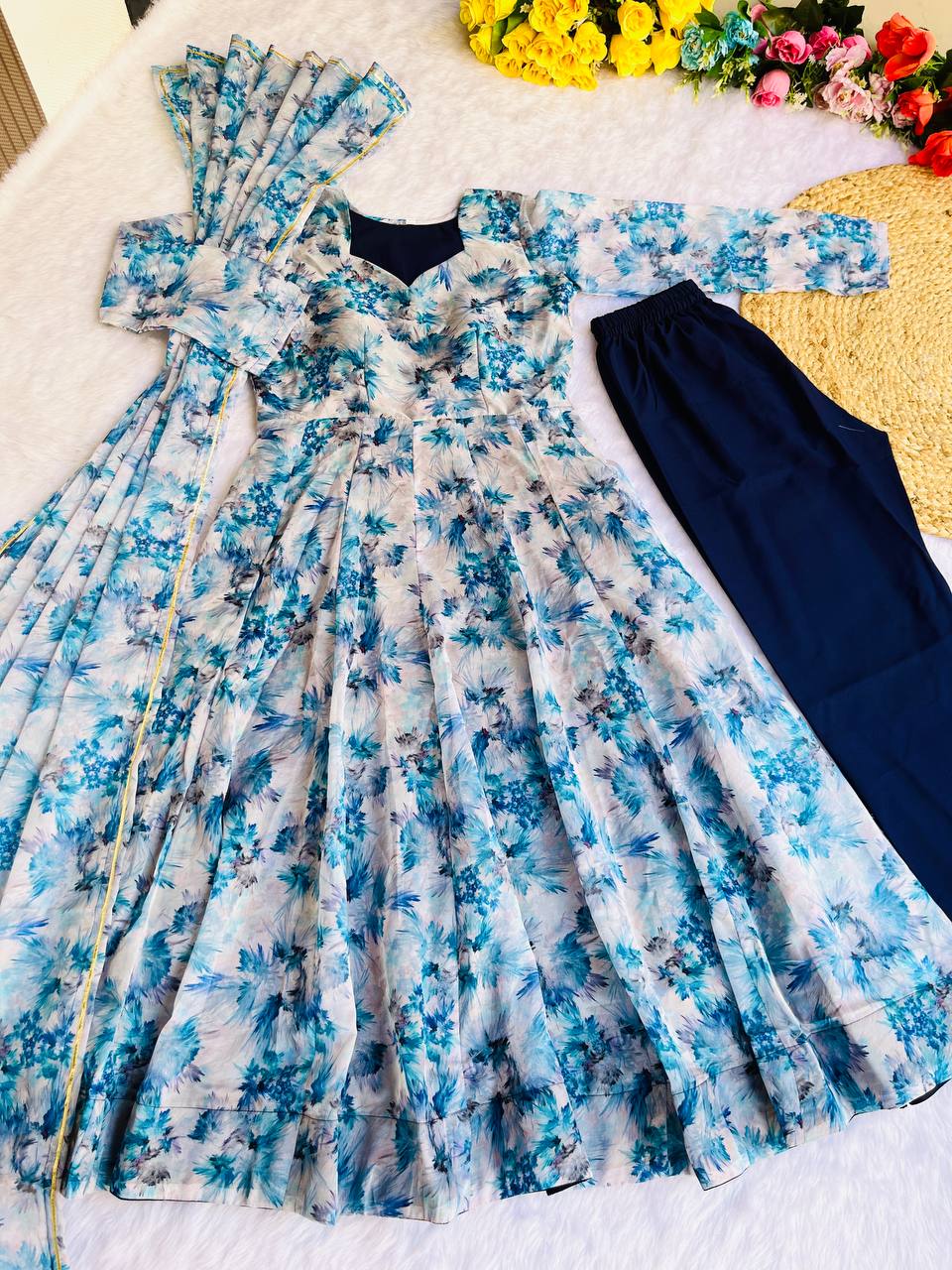 Blue Color Organza Taby Silk With Digital Print Gown With Dupatta