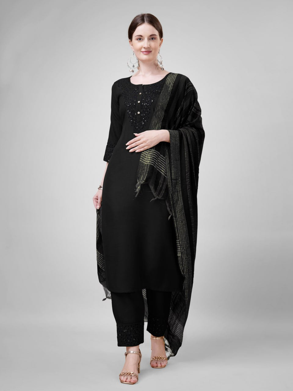 Black Colour Cotton Blend with Embroidery and Sequence Work Kurti Pant