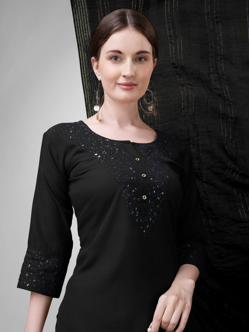 Black Colour Cotton Blend with Embroidery and Sequence Work Kurti Pant