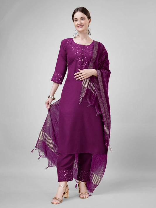 Purple Colour Cotton Blend with Embroidery and Sequence Work Kurti Pant