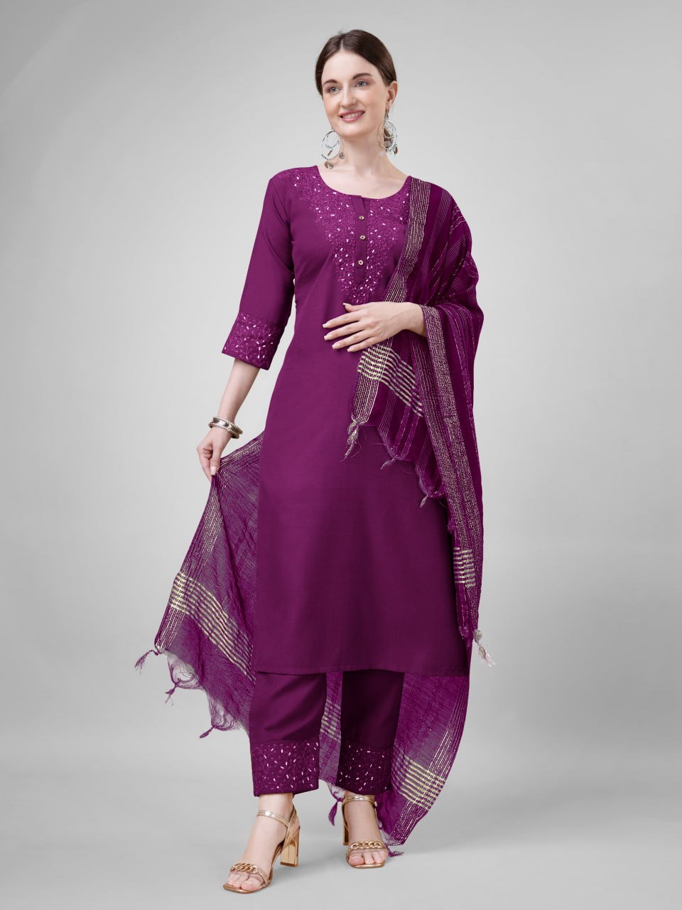 Purple Colour Cotton Blend with Embroidery and Sequence Work Kurti Pant