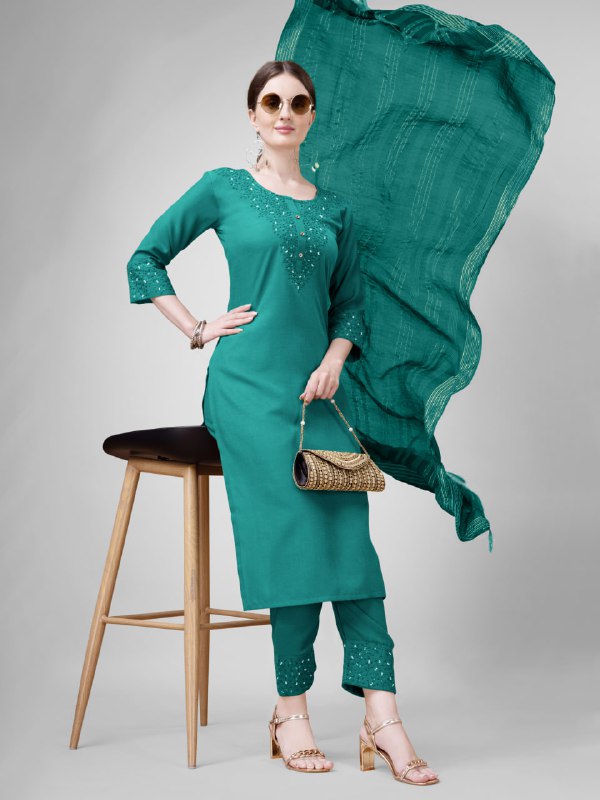 Rama Colour Cotton Blend with Embroidery and Sequence Work Kurti Pant