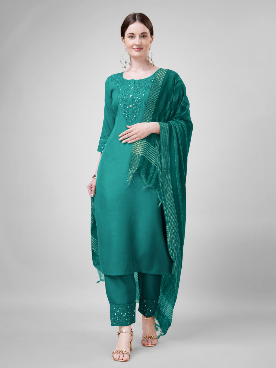 Rama Colour Cotton Blend with Embroidery and Sequence Work Kurti Pant