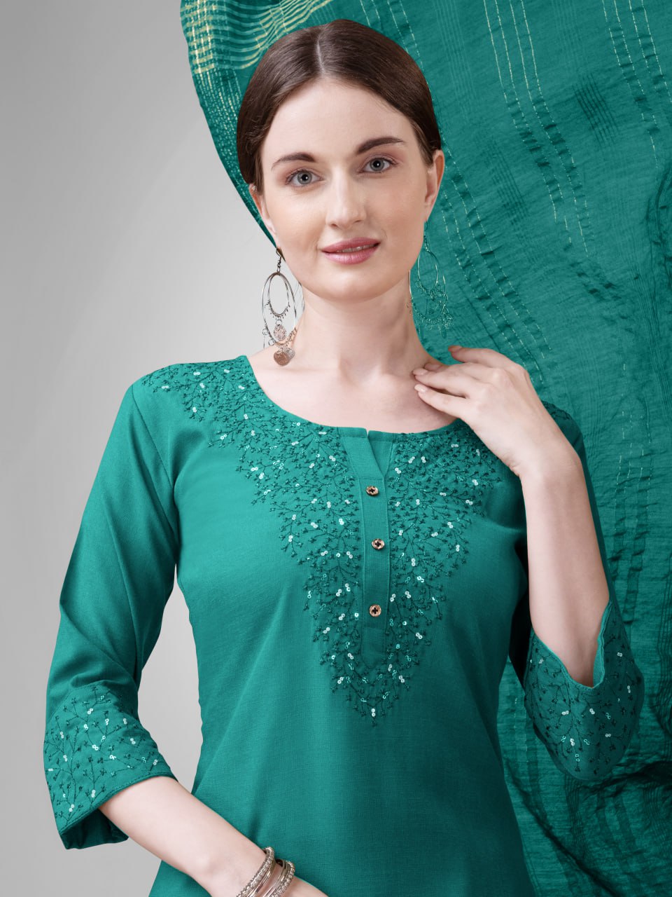 Rama Colour Cotton Blend with Embroidery and Sequence Work Kurti Pant