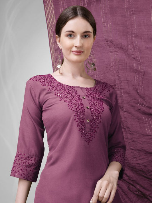 Wine Colour Cotton Blend with Embroidery and Sequence Work Kurti Pant