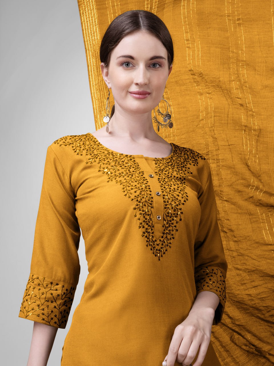 Yellow Colour Cotton Blend with Embroidery and Sequence Work Kurti Pant