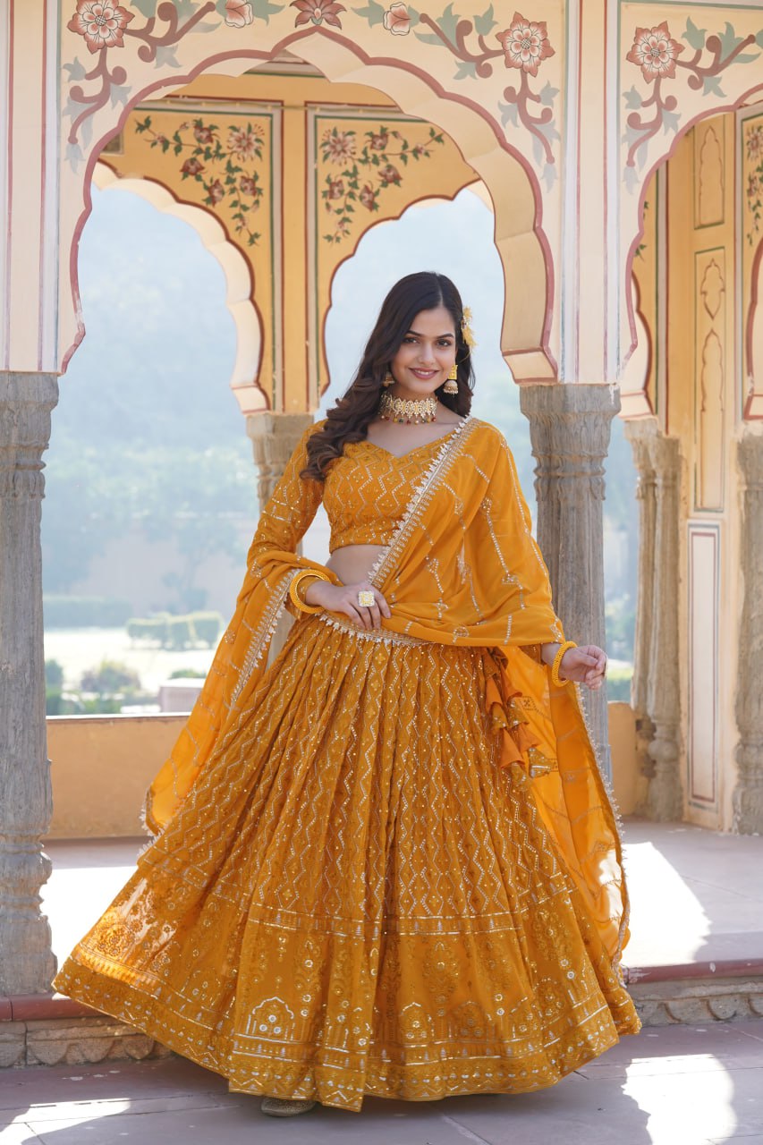 Yellow Faux Georgette With Sequins & Thread Embroidered work Lehenga Choli