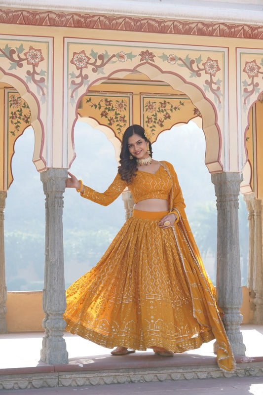 Yellow Faux Georgette With Sequins & Thread Embroidered work Lehenga Choli