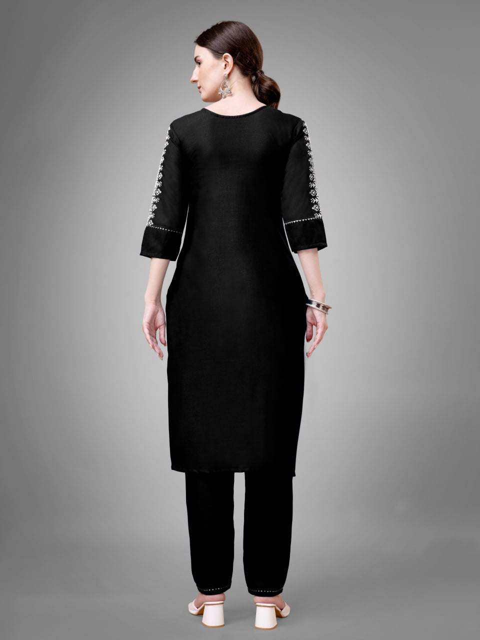 Black Colour Cotton Blend with Embroidery and Sequence Work Kurti Pant