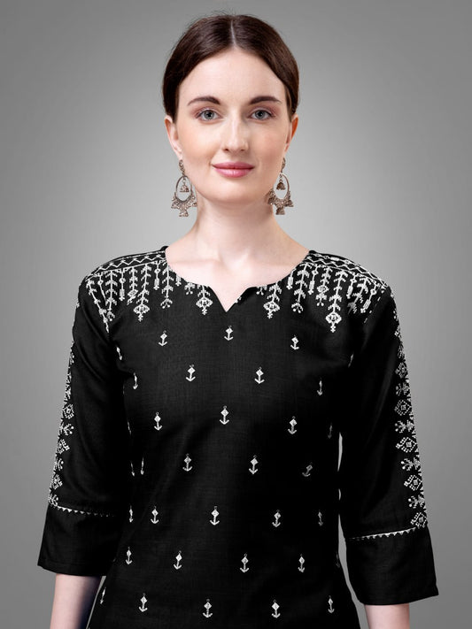 Black Colour Cotton Blend with Embroidery and Sequence Work Kurti Pant