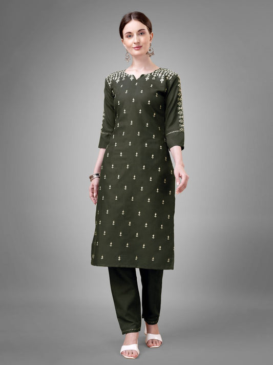 Dark Green Colour Cotton Blend with Embroidery and Sequence Work Kurti Pant