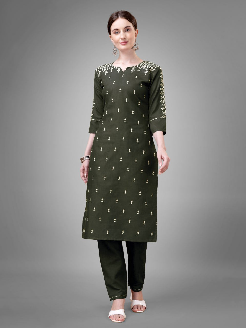 Dark Green Colour Cotton Blend with Embroidery and Sequence Work Kurti Pant