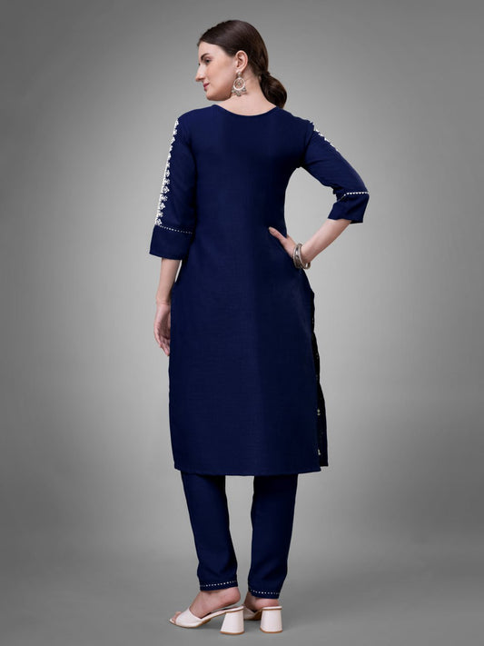 Navy Blue Colour Cotton Blend with Embroidery and Sequence Work Kurti Pant