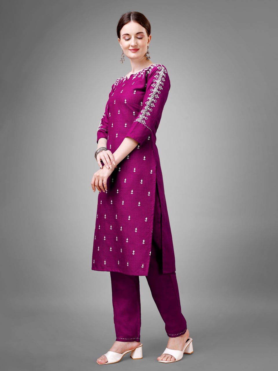 Purple Colour Cotton Blend with Embroidery and Sequence Work Kurti Pant