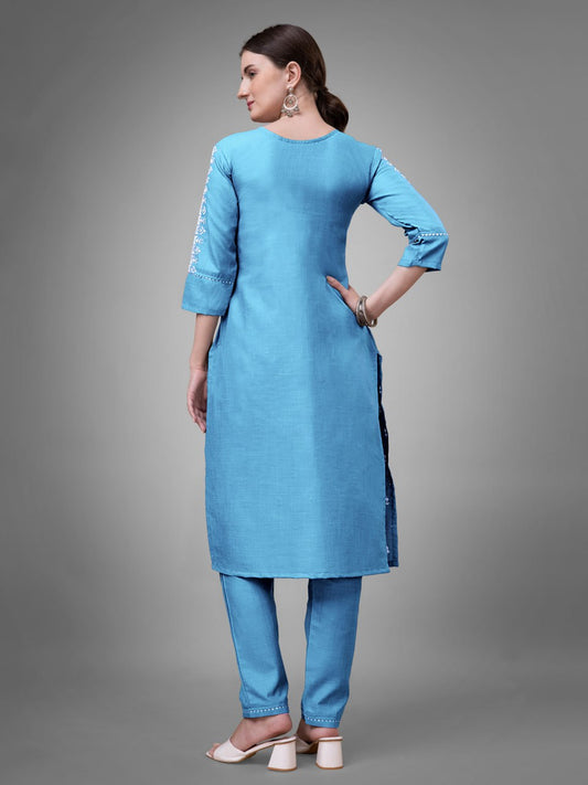 Sky Blue Colour Cotton Blend with Embroidery and Sequence Work Kurti Pant