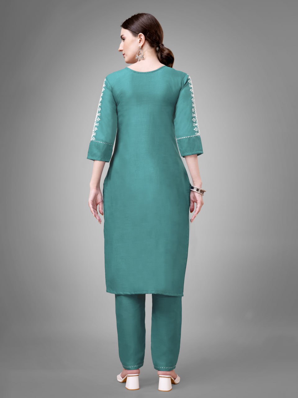 Teal Colour Cotton Blend with Embroidery and Sequence Work Kurti Pant