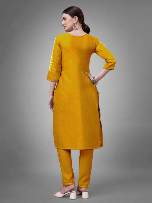 YELLOW Cotton Blend with Embroidery and Sequence Work Kurti Pant