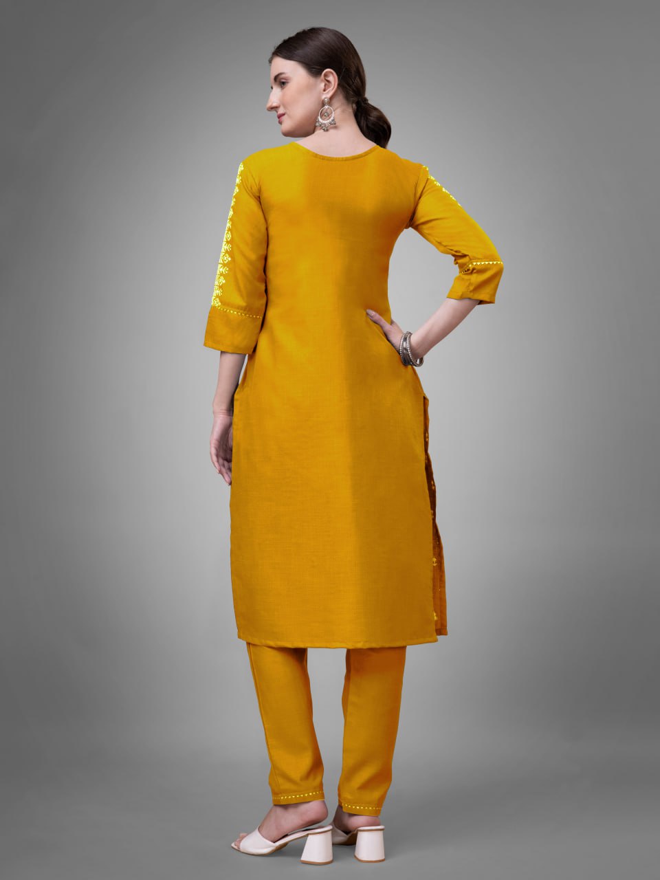 YELLOW Cotton Blend with Embroidery and Sequence Work Kurti Pant