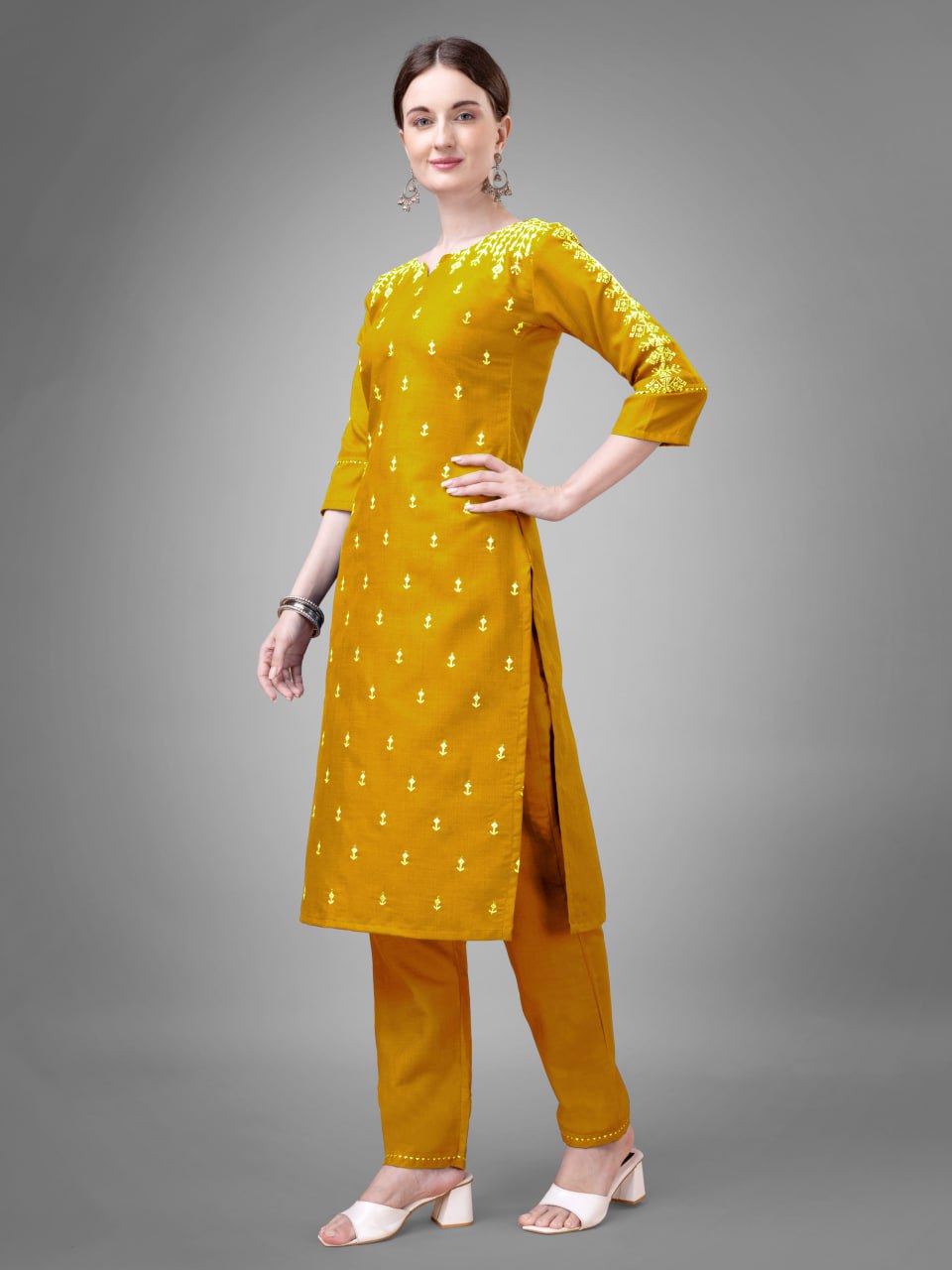 YELLOW Cotton Blend with Embroidery and Sequence Work Kurti Pant