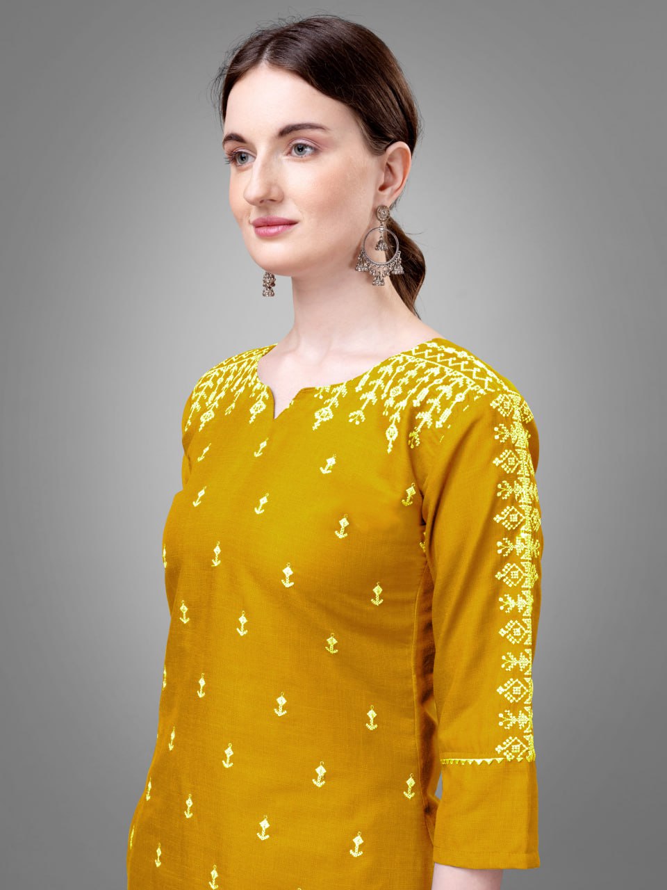 YELLOW Cotton Blend with Embroidery and Sequence Work Kurti Pant