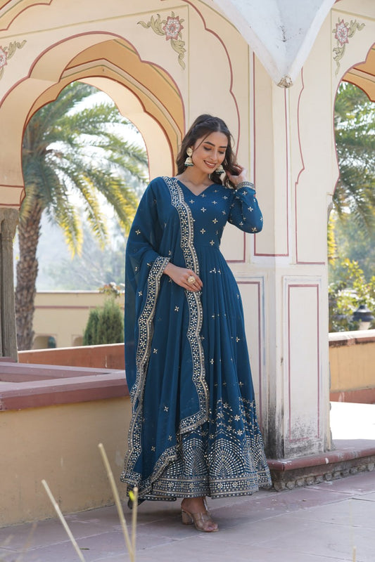 Rama Fancy V Neck Faux Georgette With Zari and Sequins Embroidery Work Gown
