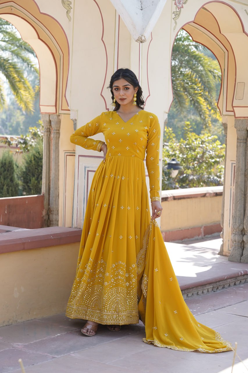 Yellow Fancy V Neck Faux Georgette With Zari and Sequins Embroidery Work Gown