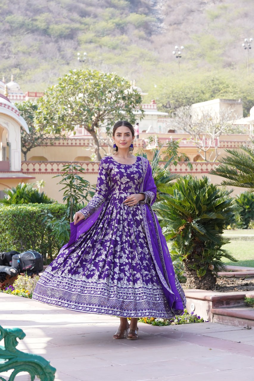 Purple Viscose Diable Jacquard With Sequins Embroidered Work Russian Silk Gown