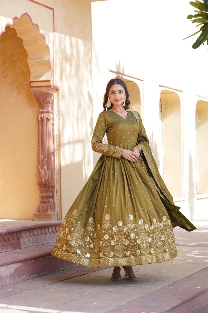 green emerald velvet dress Royal Green Viscose Cosmos With Embroidery Zari Sequins Work Gown – The  Beauty Queen