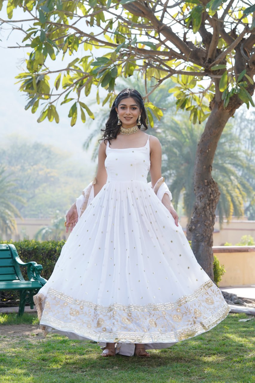 White Faux blooming With Sequins Embroidered Work Gown