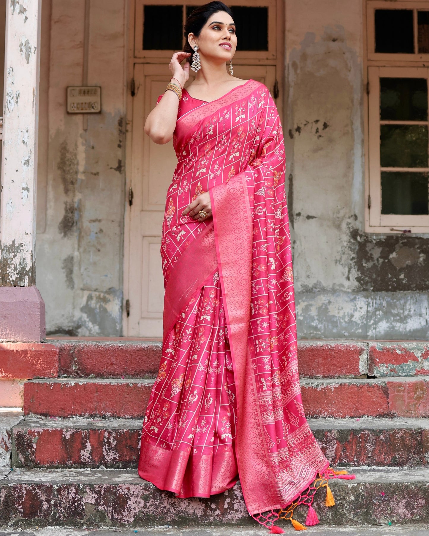 PURE SILK DIGITALLY PRINTED SAREE WEAVED WITH GOLDEN ZARI COMES WITH TASSELS