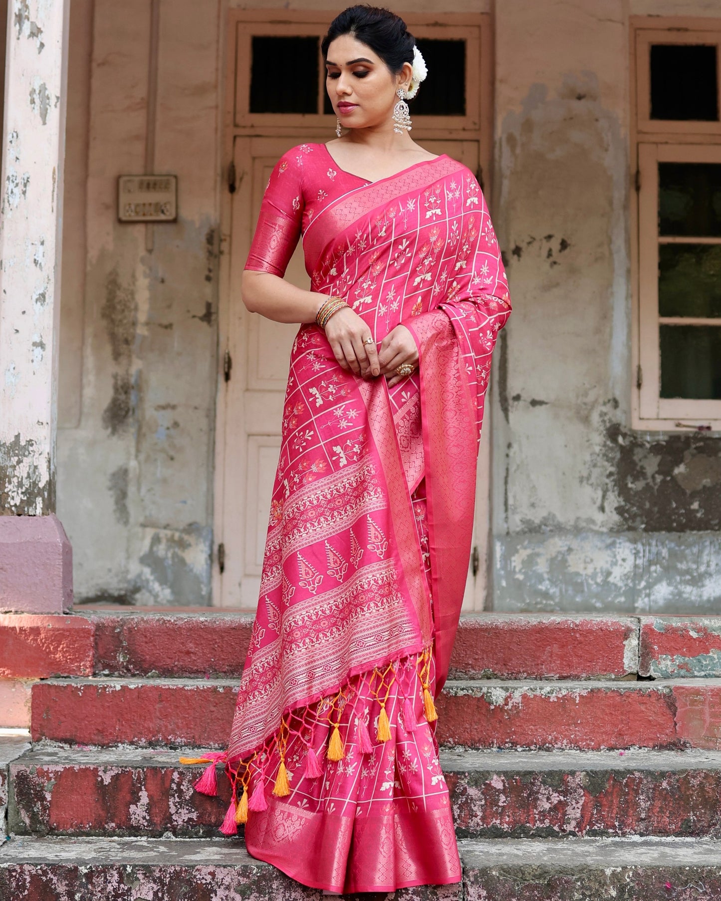 PURE SILK DIGITALLY PRINTED SAREE WEAVED WITH GOLDEN ZARI COMES WITH TASSELS