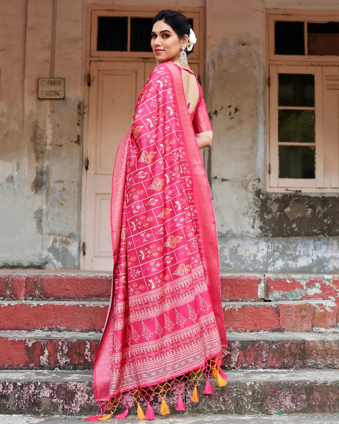 PURE SILK DIGITALLY PRINTED SAREE WEAVED WITH GOLDEN ZARI COMES WITH TASSELS
